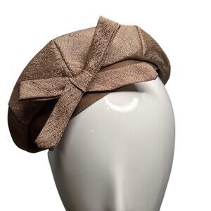 Vintage 30s Beret Tam Cap Hat Metallic Rose Gold Bow Beige Grosgrain Trim